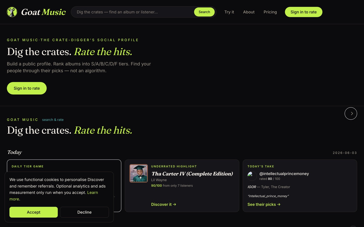 Goat Music homepage preview